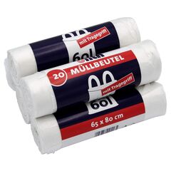 100 Müllbeutel/Mülltüten mit Tragegriff, 60 Liter, 20 Stück pro Rolle, Reißfest & Flüssigkeitsdicht, Produkt & Verpackung recyclebar (5er Pack)