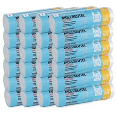 150 Stück Müllbeutel Premiumline: 50 Liter, 10er Pack, Größe: 60 x 70 cm - Besonders reißfest und wasserdicht - Mit Trage-Griff/Henkel