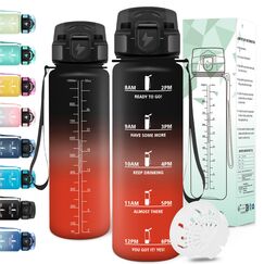 Motswedi Trinkflasche Sport, 1000ml BPA-Frei, Trinkflasche Kohlensäure Geeignet, Auslaufsicher, Wasserflasche, Mit Zeitstempel, Flasche, Sportflasche, für Yoga, Schule, Fahrrad, Fitness, Schwarzrot
