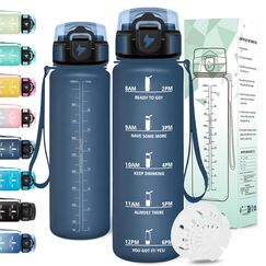 Motswedi Trinkflasche Sport, 1000ml BPA-Frei, Trinkflasche Kohlensäure Geeignet, Auslaufsicher, Wasserflasche, Mit Zeitstempel, Flasche, Sportflasche, für Yoga, Schule, Tägliche Reisen, Dunkelblau