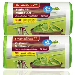 Gut & Günstig Müllbeutel mit Kordelzug, 60 Liter, reißfest und flüssigkeitsdicht, 60 Stück, 2 x 30 Pads einzeln, kein Reißen