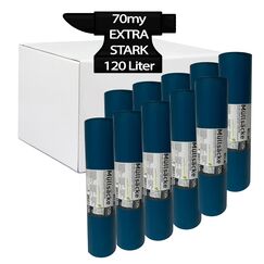 1 Karton Schwerlast Müllsäcke, 10 Rollen à 15 QUALITY PLUS Müllbeutel, Müllsäcke blau, Mülltüten extrem reißfest, 120l, 700x1100mm, 70my | speziell für Gewerbe, Bau, Bauschutt und Garten