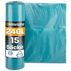 Hinrichs Müllsäcke 240L extra Stark - 15er Rolle - 100x125 cm - Extrem reißfeste Müllbeutel - Mülltüten aus Recycling LDPE - Blaue Säcke - Abfallsäcke für Garten, Haushalt & Baustelle