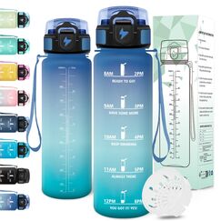 Motswedi Trinkflasche Sport, 1000ml BPA-Frei, Trinkflasche Kohlensäure Geeignet, Auslaufsicher, Wasserflasche, Mit Zeitstempel, Flasche, Sportflasche, für Yoga, Schule, Fahrrad, Fitness, Blaugrün