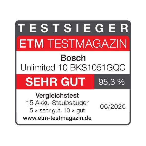 Bosch Akku-Staubsauger Unlimited 10 BKS1051GQC, kabellos, MicroClean Technology, TFT-Display, Staubkomprimierung, HEPA-Filtersystem, 10 J. Motorgarantie, 4 Ah Akku, LED-Licht, Schnellladegerät, grau