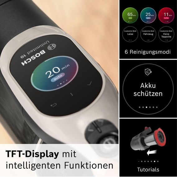 Bosch Akku-Staubsauger Unlimited 10 BKS1051GQC, kabellos, MicroClean Technology, TFT-Display, Staubkomprimierung, HEPA-Filtersystem, 10 J. Motorgarantie, 4 Ah Akku, LED-Licht, Schnellladegerät, grau