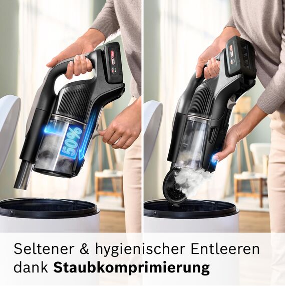 Bosch Akku-Staubsauger Unlimited 10 BKS1051GQC, kabellos, MicroClean Technology, TFT-Display, Staubkomprimierung, HEPA-Filtersystem, 10 J. Motorgarantie, 4 Ah Akku, LED-Licht, Schnellladegerät, grau
