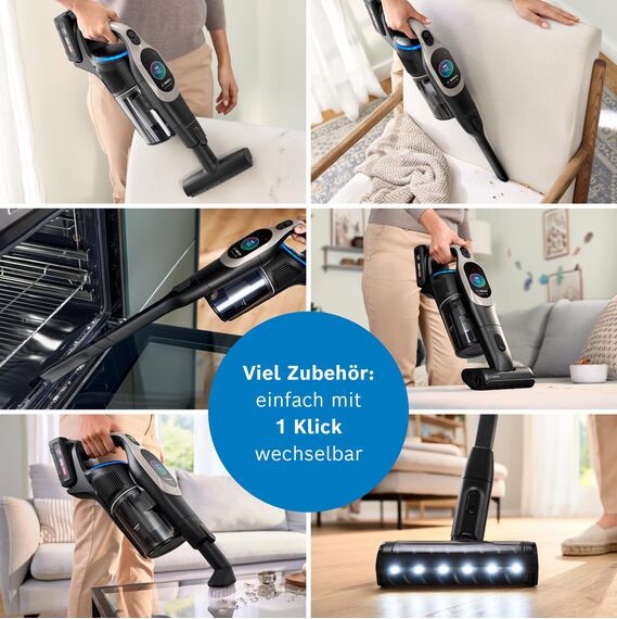 Bosch Akku-Staubsauger Unlimited 10 BKS1051GQC, kabellos, MicroClean Technology, TFT-Display, Staubkomprimierung, HEPA-Filtersystem, 10 J. Motorgarantie, 4 Ah Akku, LED-Licht, Schnellladegerät, grau