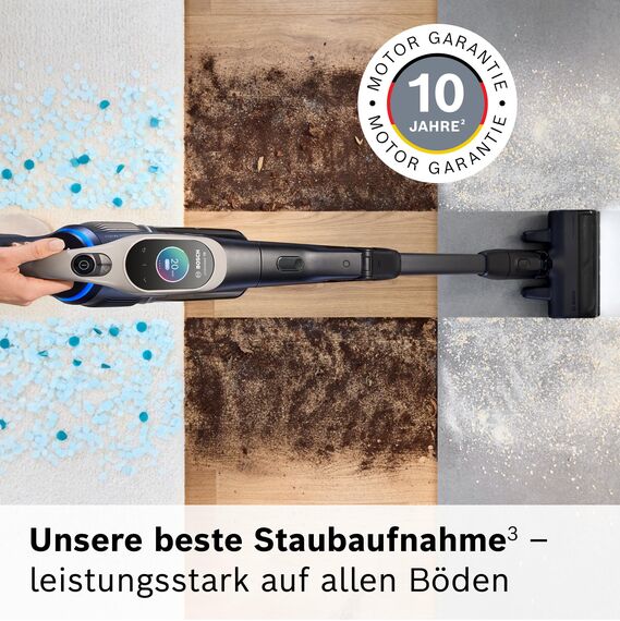 Bosch Akku-Staubsauger Unlimited 10 BKS1051GQC, kabellos, MicroClean Technology, TFT-Display, Staubkomprimierung, HEPA-Filtersystem, 10 J. Motorgarantie, 4 Ah Akku, LED-Licht, Schnellladegerät, grau