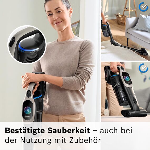 Bosch Akku-Staubsauger Unlimited 10 BKS1051GQC, kabellos, MicroClean Technology, TFT-Display, Staubkomprimierung, HEPA-Filtersystem, 10 J. Motorgarantie, 4 Ah Akku, LED-Licht, Schnellladegerät, grau