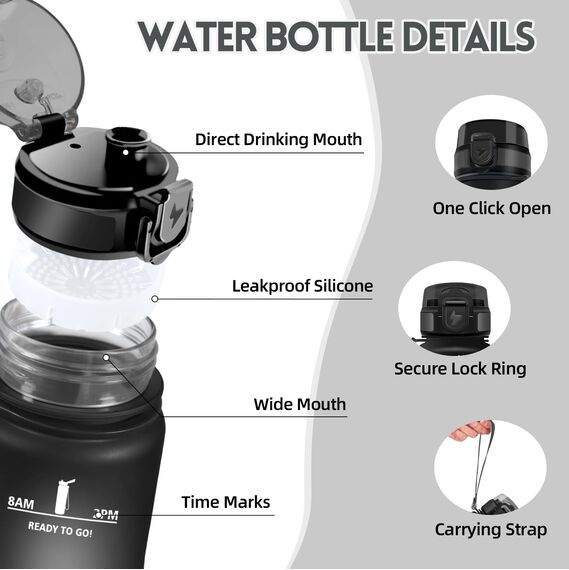 Motswedi Trinkflasche Sport, 1500ml BPA-Frei, Trinkflasche Kohlensäure Geeignet, Auslaufsicher, Wasserflasche, Mit Zeitstempel, Flasche, Sportflasche, für Yoga, Fahrrad, Fitness, Schwarzrot