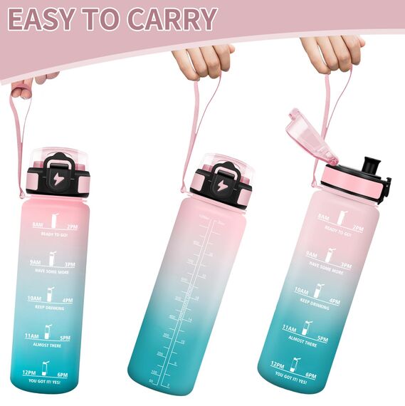 Motswedi Trinkflasche Sport, 1000ml BPA-Frei, Trinkflasche Kohlensäure Geeignet, Auslaufsicher, Wasserflasche, Mit Zeitstempel, Flasche, Sportflasche, für Yoga, Schule, Fahrrad, Fitness, Rosagrün