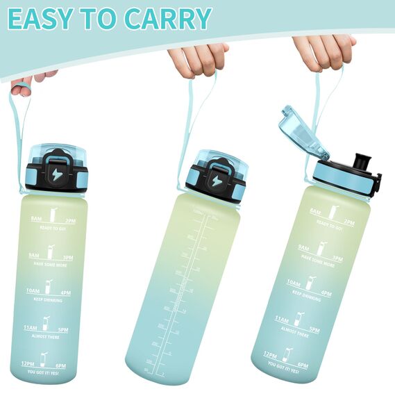 Motswedi Trinkflasche Sport, 1000ml BPA-Frei, Trinkflasche Kohlensäure Geeignet, Auslaufsicher, Wasserflasche, Mit Zeitstempel, Flasche, Sportflasche, für Yoga, Fahrrad, Fitness, Offwhite Hellblau