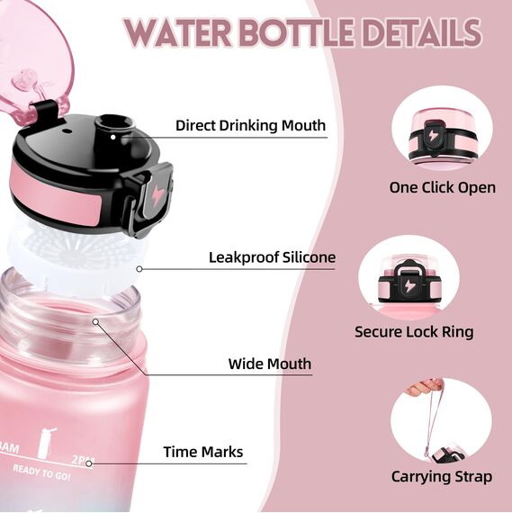 Motswedi Trinkflasche Sport, 1000ml BPA-Frei, Trinkflasche Kohlensäure Geeignet, Auslaufsicher, Wasserflasche, Mit Zeitstempel, Flasche, Sportflasche, für Yoga, Schule, Fahrrad, Fitness, Rosagrün