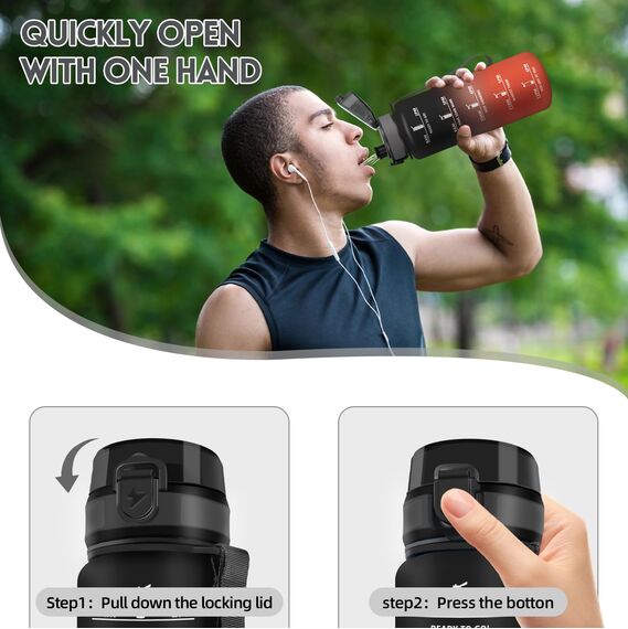 Motswedi Trinkflasche Sport, 1500ml BPA-Frei, Trinkflasche Kohlensäure Geeignet, Auslaufsicher, Wasserflasche, Mit Zeitstempel, Flasche, Sportflasche, für Yoga, Fahrrad, Fitness, Schwarzrot