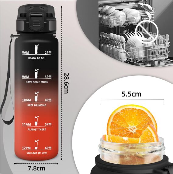 Motswedi Trinkflasche 1L, BPA-Frei, Trinkflasche Sport, Auslaufsicher, Wasserflasche, Kohlensäure Geeignet, Wasserflasche Sport, für Yoga, Schule, Fahrrad, Kinder, Outdoors, Schwarz und Rot