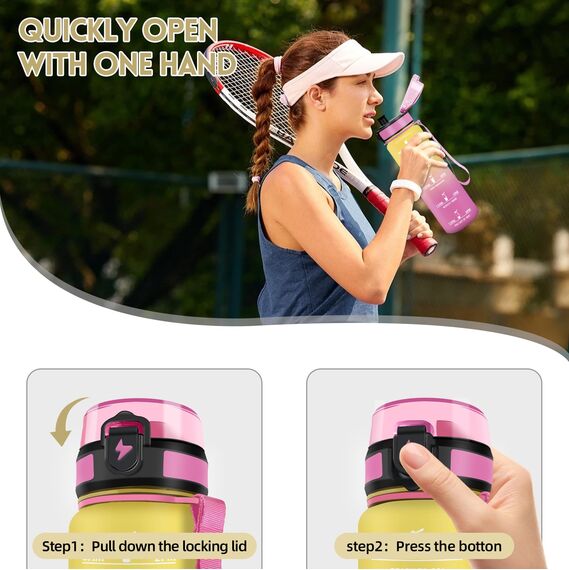 Motswedi Trinkflasche Sport, 1000ml BPA-Frei, Trinkflasche Kohlensäure Geeignet, Auslaufsicher, Wasserflasche, Mit Zeitstempel, Flasche, Sportflasche, für Yoga, Schule, Fahrrad, Fitness, Gelbrosa