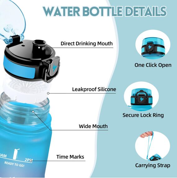 Motswedi Trinkflasche Sport, 1000ml BPA-Frei, Trinkflasche Kohlensäure Geeignet, Auslaufsicher, Wasserflasche, Mit Zeitstempel, Flasche, Sportflasche, für Yoga, Schule, Fahrrad, Fitness, Blauviolett