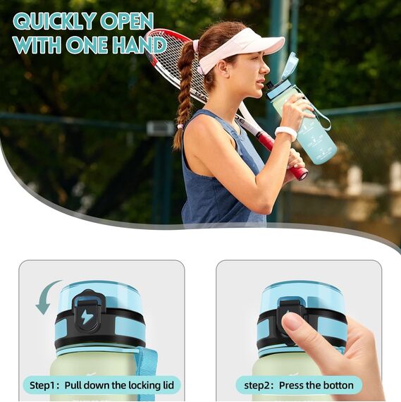 Motswedi Trinkflasche Sport, 1000ml BPA-Frei, Trinkflasche Kohlensäure Geeignet, Auslaufsicher, Wasserflasche, Mit Zeitstempel, Flasche, Sportflasche, für Yoga, Fahrrad, Fitness, Offwhite Hellblau