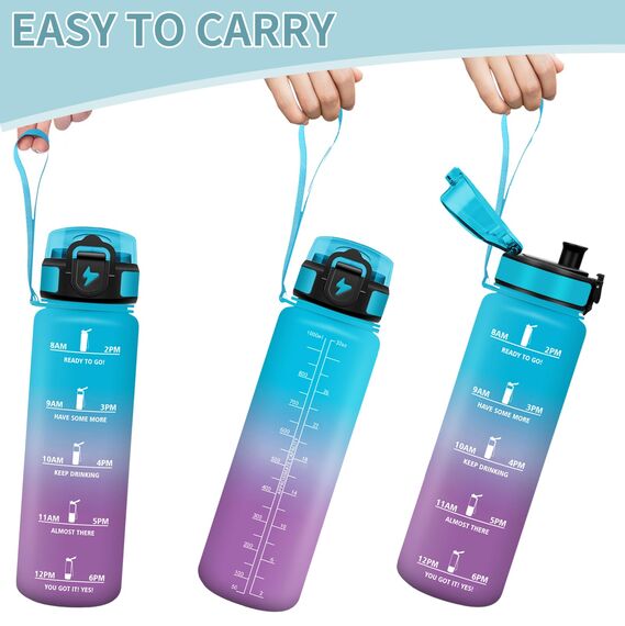 Motswedi Trinkflasche Sport, 1000ml BPA-Frei, Trinkflasche Kohlensäure Geeignet, Auslaufsicher, Wasserflasche, Mit Zeitstempel, Flasche, Sportflasche, für Yoga, Schule, Fahrrad, Fitness, Blauviolett