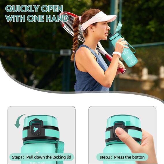 Motswedi Trinkflasche Sport, 1000ml BPA-Frei, Trinkflasche Kohlensäure Geeignet, Auslaufsicher, Wasserflasche, Mit Zeitstempel, Flasche, Sportflasche, für Yoga, Fahrrad, Fitness, Blaugrün-3245C