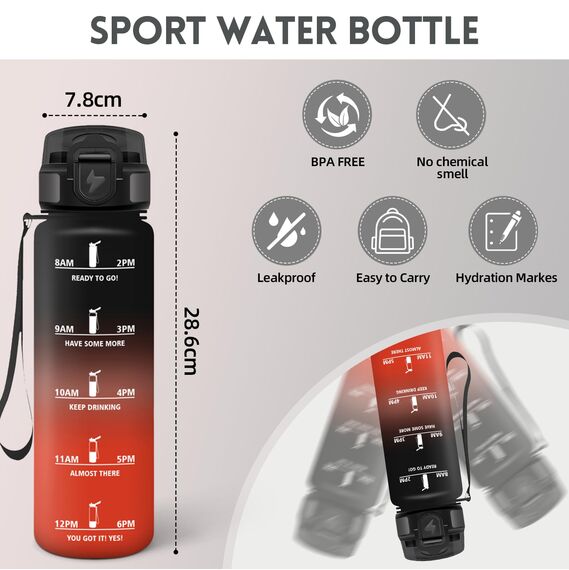 Motswedi Trinkflasche Sport, 1000ml BPA-Frei, Trinkflasche Kohlensäure Geeignet, Auslaufsicher, Wasserflasche, Mit Zeitstempel, Flasche, Sportflasche, für Yoga, Schule, Fahrrad, Fitness, Schwarzrot