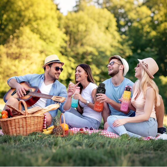 Motswedi Trinkflasche Sport, 1000ml BPA-Frei, Trinkflasche Kohlensäure Geeignet, Auslaufsicher, Wasserflasche, Mit Zeitstempel, Flasche, Sportflasche, für Yoga, Schule, Fahrrad, Fitness, Gelbrosa