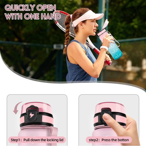 Motswedi Trinkflasche Sport, 1000ml BPA-Frei, Trinkflasche Kohlensäure Geeignet, Auslaufsicher, Wasserflasche, Mit Zeitstempel, Flasche, Sportflasche, für Yoga, Schule, Fahrrad, Fitness, Rosagrün