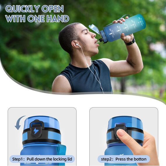 Motswedi Trinkflasche Sport, 1500ml BPA-Frei, Trinkflasche Kohlensäure Geeignet, Auslaufsicher, Wasserflasche, Mit Zeitstempel, Flasche, Sportflasche, für Yoga, Fahrrad, Fitness, Blaugrü