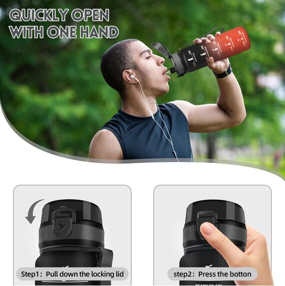 Motswedi Trinkflasche Sport, 1000ml BPA-Frei, Trinkflasche Kohlensäure Geeignet, Auslaufsicher, Wasserflasche, Mit Zeitstempel, Flasche, Sportflasche, für Yoga, Schule, Fahrrad, Fitness, Schwarzrot