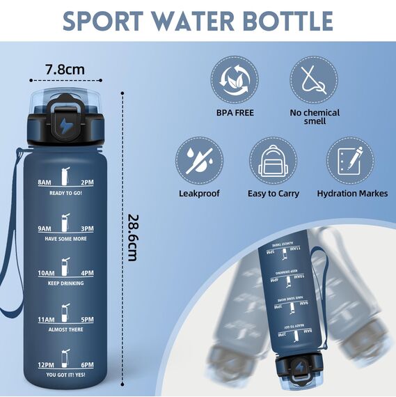 Motswedi Trinkflasche Sport, 1000ml BPA-Frei, Trinkflasche Kohlensäure Geeignet, Auslaufsicher, Wasserflasche, Mit Zeitstempel, Flasche, Sportflasche, für Yoga, Schule, Tägliche Reisen, Dunkelblau