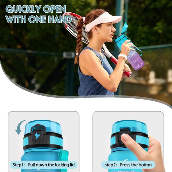 Motswedi Trinkflasche Sport, 1000ml BPA-Frei, Trinkflasche Kohlensäure Geeignet, Auslaufsicher, Wasserflasche, Mit Zeitstempel, Flasche, Sportflasche, für Yoga, Schule, Fahrrad, Fitness, Blauviolett