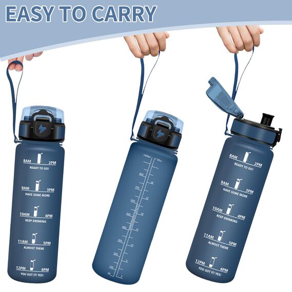 Motswedi Trinkflasche Sport, 1000ml BPA-Frei, Trinkflasche Kohlensäure Geeignet, Auslaufsicher, Wasserflasche, Mit Zeitstempel, Flasche, Sportflasche, für Yoga, Schule, Tägliche Reisen, Dunkelblau