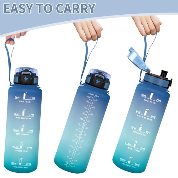 Motswedi Trinkflasche Sport, 1500ml BPA-Frei, Trinkflasche Kohlensäure Geeignet, Auslaufsicher, Wasserflasche, Mit Zeitstempel, Flasche, Sportflasche, für Yoga, Fahrrad, Fitness, Blaugrü