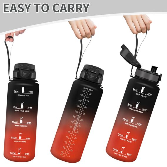 Motswedi Trinkflasche Sport, 1500ml BPA-Frei, Trinkflasche Kohlensäure Geeignet, Auslaufsicher, Wasserflasche, Mit Zeitstempel, Flasche, Sportflasche, für Yoga, Fahrrad, Fitness, Schwarzrot