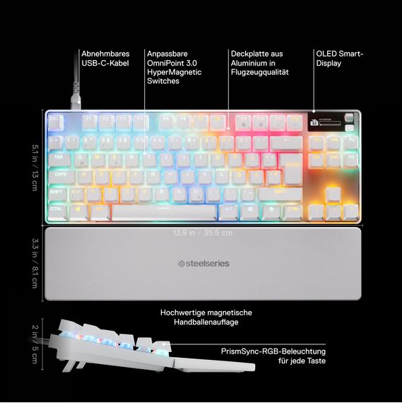 SteelSeries Apex Pro TKL Gen 3 Weiß - HyperMagnetic Gaming Tastatur - OmniPoint 3.0 Switches - Anpassbares Ansprechverhalten - Rapid Trigger - Rapid Tap/SOCD - OLED - PBT-Keycaps - USB-C - UK QWERTY