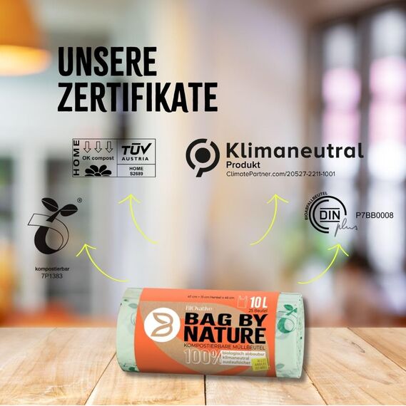 BIOvative PRODUCTS 10L Biomüllbeutel mit Henkel | 100 Müllbeutel, 100% kompostierbar, Made in Germany | Reißfeste Bio-Abfallbeutel, klimaneutralisiert & vegan | Nachhaltig für umweltbewusste Haushalte