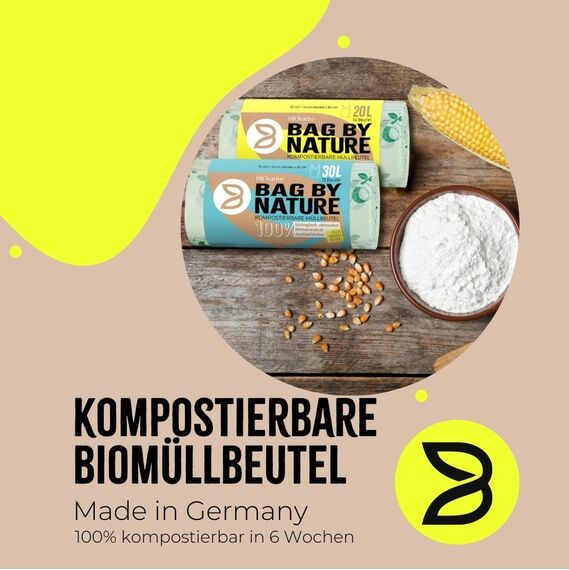 BIOvative PRODUCTS 30L Biomüllbeutel mit Henkel | 39 Müllbeutel, 100% kompostierbar, Made in Germany | Reißfeste Bio-Abfallbeutel, klimaneutralisiert & vegan | Nachhaltig für umweltbewusste Haushalte