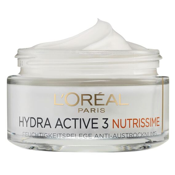 L'Oréal Paris Feuchtigkeitspflege für das Gesicht, Gesichtscreme für sensitive und trockene Haut, Hydratisierende Tagescreme mit Karité Butter, Hydra Active 3 Nutrissime, 1 x 50 ml