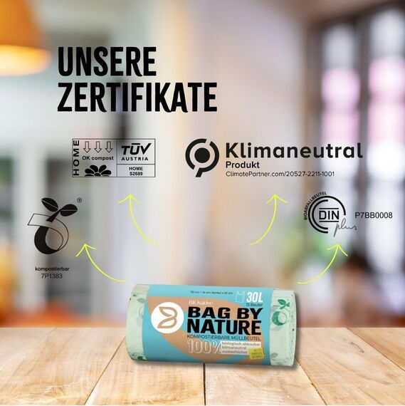 BIOvative PRODUCTS 30L Biomüllbeutel mit Henkel | 39 Müllbeutel, 100% kompostierbar, Made in Germany | Reißfeste Bio-Abfallbeutel, klimaneutralisiert & vegan | Nachhaltig für umweltbewusste Haushalte