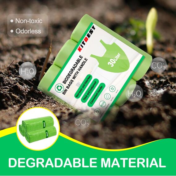 KITBEST 60 Müllbeutel, biologisch abbaubar, Lebensmittelabfallbeutel mit Kordelzug, starker grüner Schwing-Müllbeutel für Badezimmer, Büro, WC, Küche (60 x 75 cm)