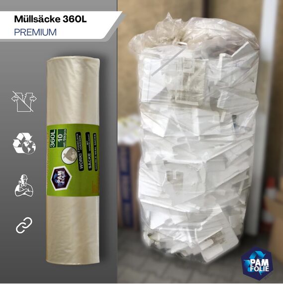 PAM-FOLIE Müllsäcke 360L - 10 Stück - XXL Große, Starke, Dicke Abfallsäcke - 120x150cm - 35µm - Universal, transparenter Müllbeutel - Bauschuttsäcke - Säcke für Bauschutt Abfalls, Styropor