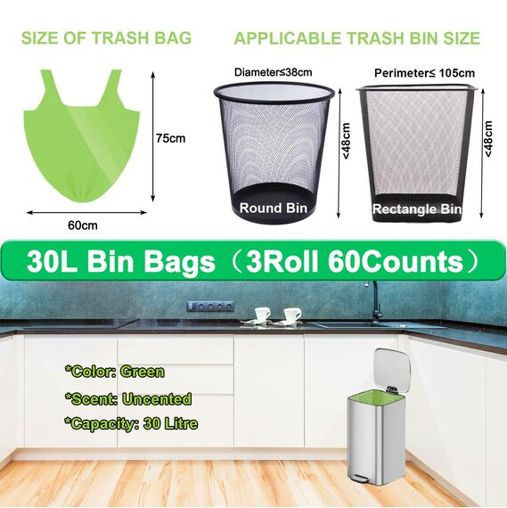 KITBEST 60 Müllbeutel, biologisch abbaubar, Lebensmittelabfallbeutel mit Kordelzug, starker grüner Schwing-Müllbeutel für Badezimmer, Büro, WC, Küche (60 x 75 cm)