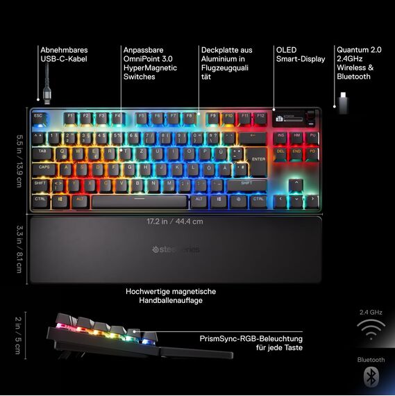 SteelSeries Apex Pro TKL Wireless Gen 3 - HyperMagnetic Gaming Tastatur - OmniPoint 3.0 Switches - Anpassbares Ansprechverhalten - Sofort einsetzbare Presets - Rapid Tap/SOCD - OLED - FR AZERTY Layout