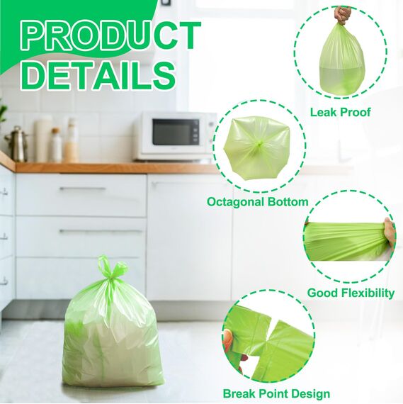 KITBEST 60 Müllbeutel, biologisch abbaubar, Lebensmittelabfallbeutel mit Kordelzug, starker grüner Schwing-Müllbeutel für Badezimmer, Büro, WC, Küche (60 x 75 cm)