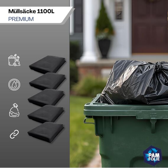PAM-FOLIE Müllsäcke 1100L für Müllcontainer - 5 Stück - Set - XXL Große, Starke, Dicke Abfallsäcke - 235 cm x 180 cm - 50µm - Schutzhülle - Müllbeutel Schwarz - Universelle Säcke