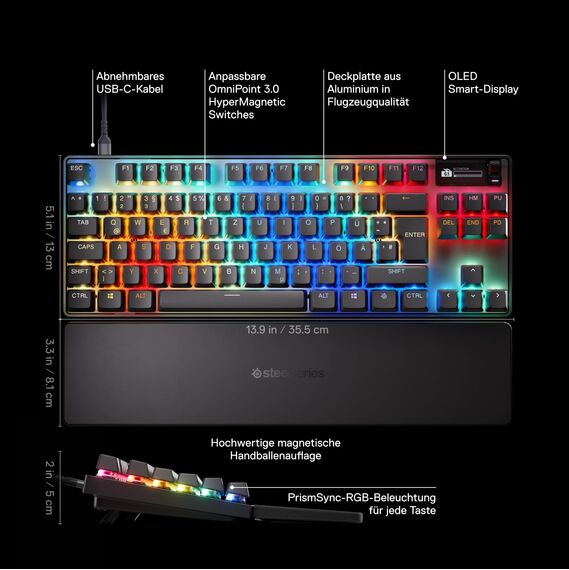 SteelSeries Apex Pro TKL Gen 3 - HyperMagnetic Gaming Tastatur - OmniPoint 3.0 Switches - Anpassbares Ansprechverhalten - Rapid Trigger - Rapid Tap/SOCD - OLED - PBT-Keycaps - USB-C -NOR Layout QWERTY
