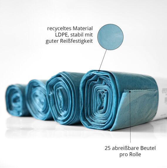 Hypafol LDPE-Regenerat Müllsäcke 120L – Blau, Typ 70, 700x1100 mm – Reißfest, Recyclingmaterial – 4 Rollen à 25 Stück (100 Beutel)