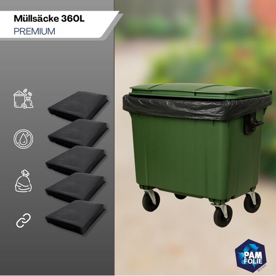 PAM-FOLIE Müllsäcke 1100L für Müllcontainer - 5 Stück - Set - XXL Große, Starke, Dicke Abfallsäcke - 235 cm x 180 cm - 50µm - Schutzhülle - Müllbeutel Schwarz - Universelle Säcke
