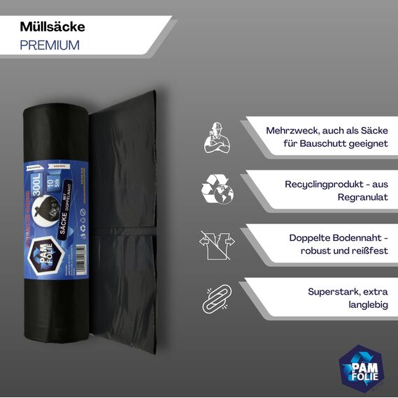 PAM-FOLIE Müllsäcke 300L - 10 Stück - XXL Große Bauschutt-Abfallsäcke, Premium - 120x140cm - 45µm - schwarzer Müllbeutel - Bauschuttsäcke - Säcke für Bauschutt Abfalls, Styropor